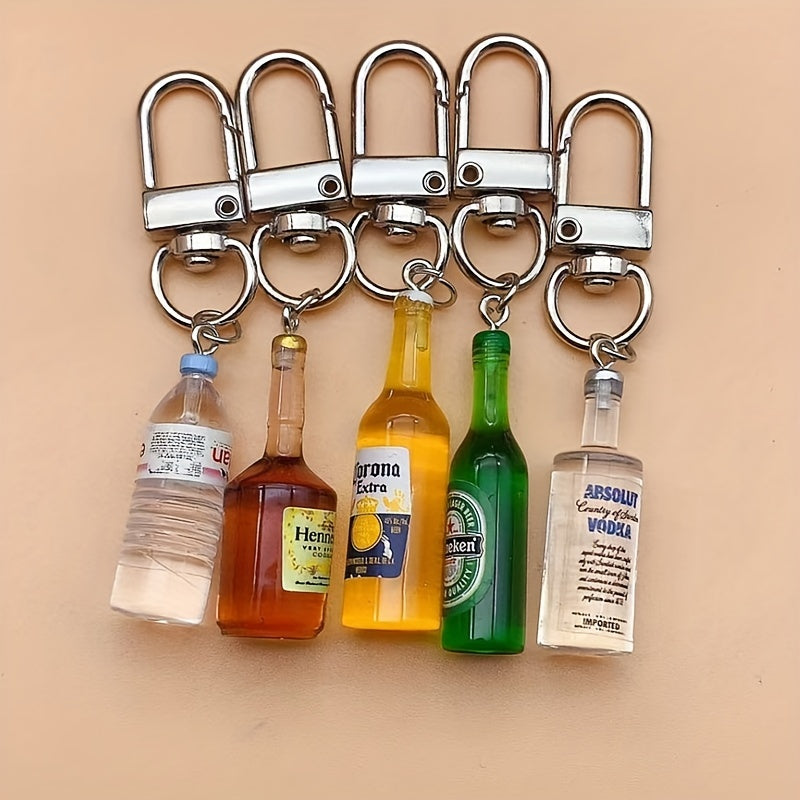 Set of 5 Miniature Resin and Alloy Beverage Bottle Keychains for Keys Phones Bags