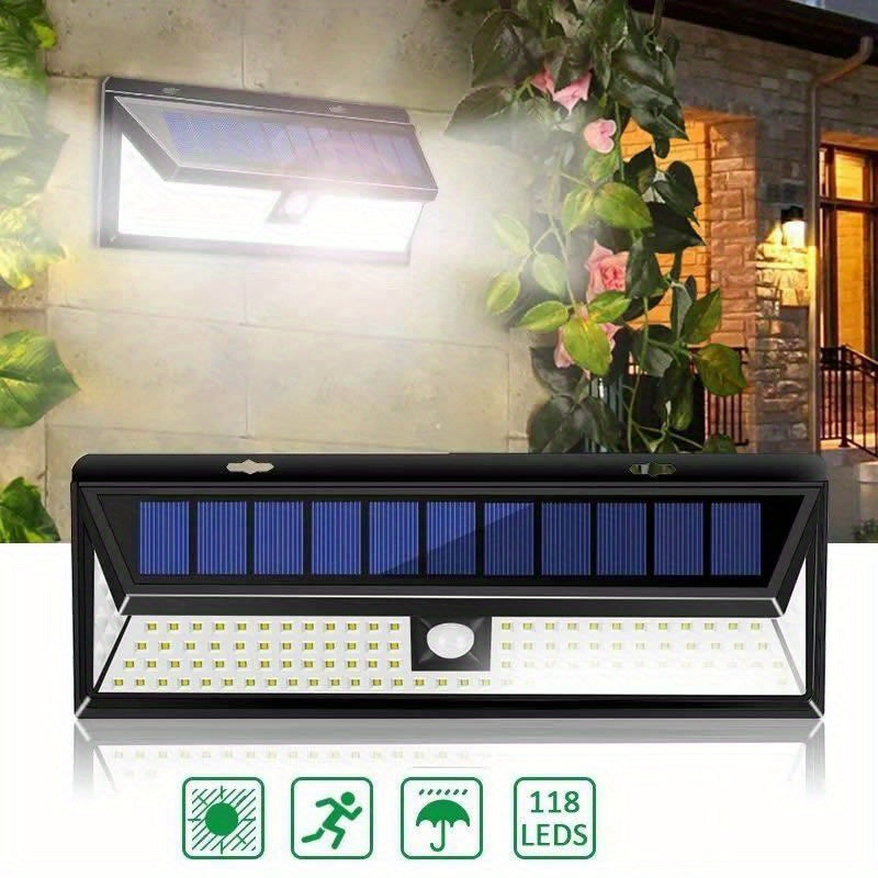 118 LED Solar Powered Motion Sensor Wall Light with Adjustable Modes for Outdoor Areas