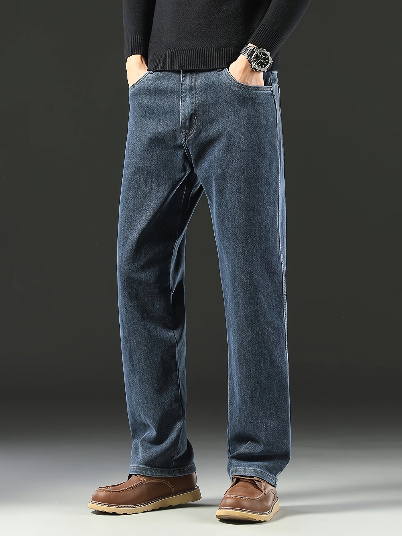 Jeans de mezclilla de corte regular para hombre, de temporada, de algodón y poliéster, color sólido, con pierna recta, pantalones casuales