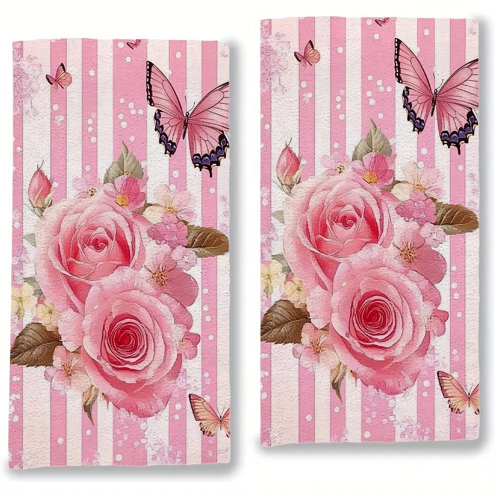Set of 2 Pink Rose and Butterfly Kitchen Towels 16x24 Inches Ultra Soft