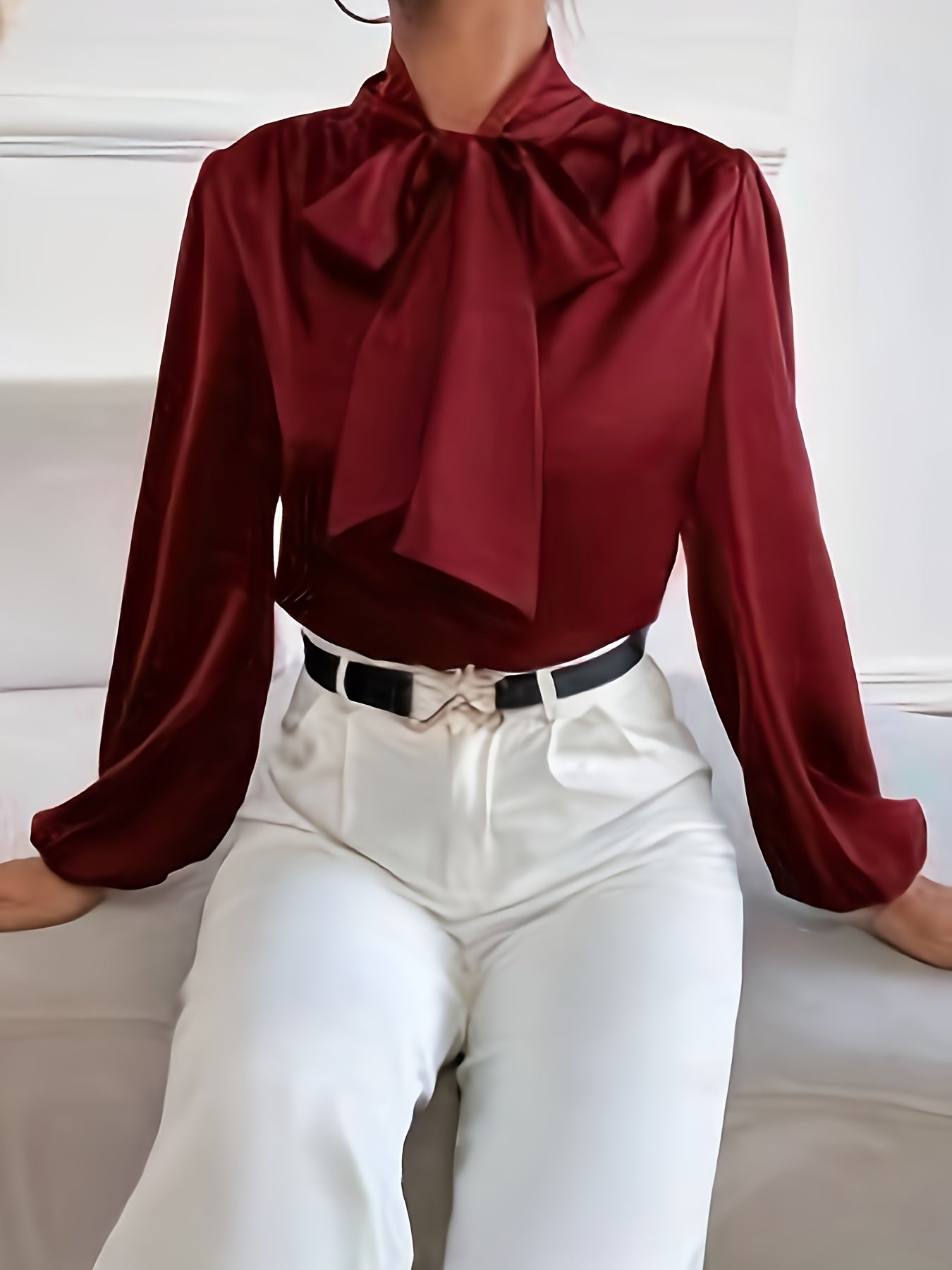 Women's Solid Color Tie-Neck Blouse for Spring and Fall