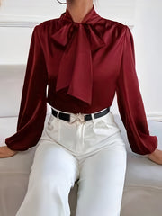 Women's Solid Color Tie-Neck Blouse for Spring and Fall
