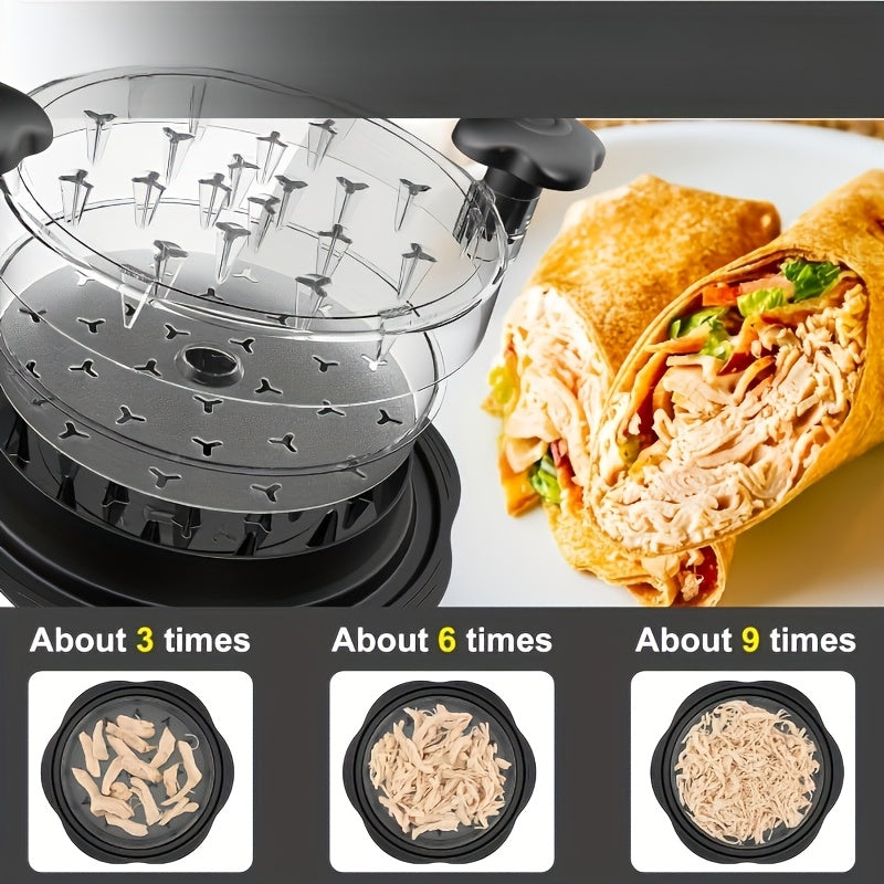 Tirnoqli qo‘l bilan burilish tutqichli go‘sht maydalagich, tovuq ko‘krak uchun. Tozalash oson va issiqlikka chidamli, yopishqoq bo‘lmagan asos bilan. Ko‘rish uchun shaffof qopqoq.