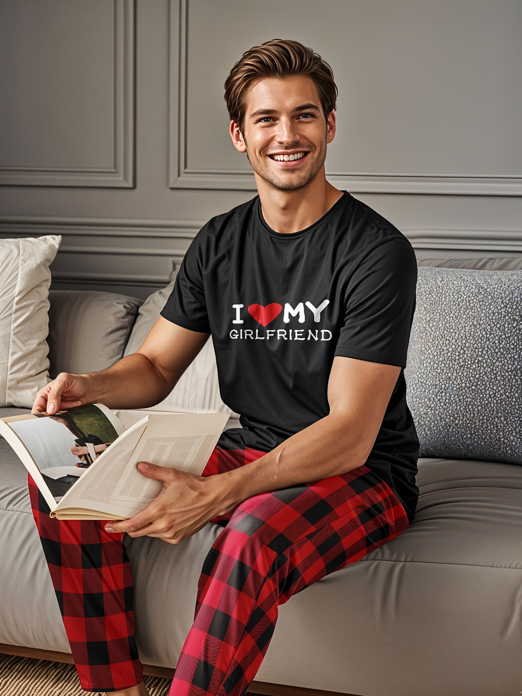 Men's and Women's Couple Pajama Set with "I Love My Girlfriend" T-Shirt and Red Checkered Pants