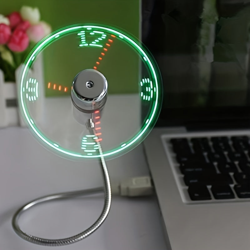 Portable USB LED Clock Fan with Metal Hose and Soft Blades for Desktop and Laptop Cooling