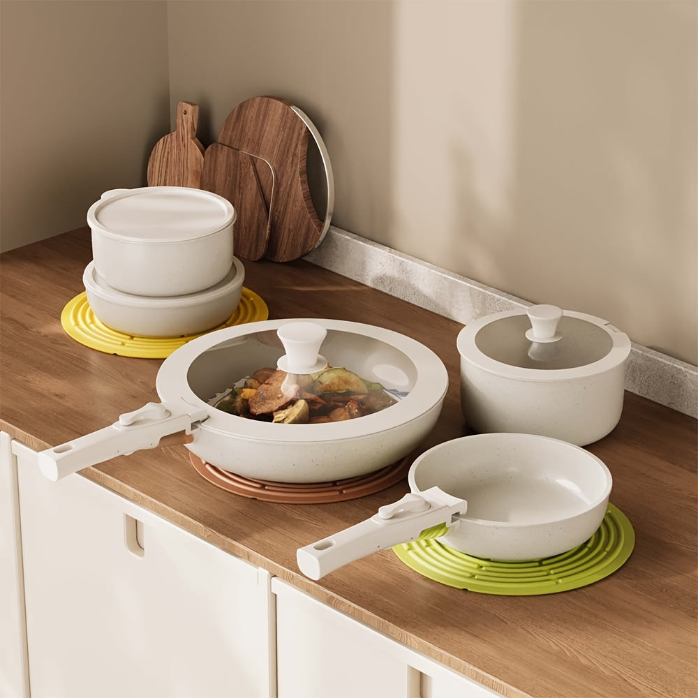 18-Piece Non-Stick Cookware Set with Removable Handles, Brushed Aluminum