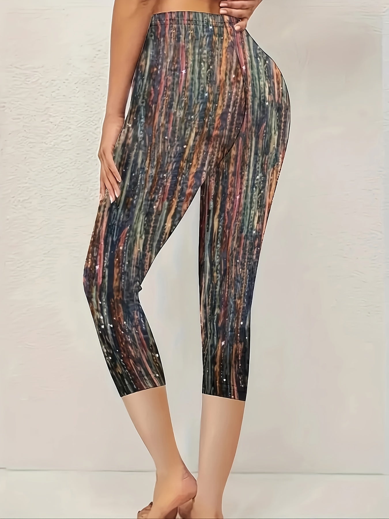 Women’s Printed Capri Leggings Polyester Blend Stretchy Comfortable Fit Green Black Brown