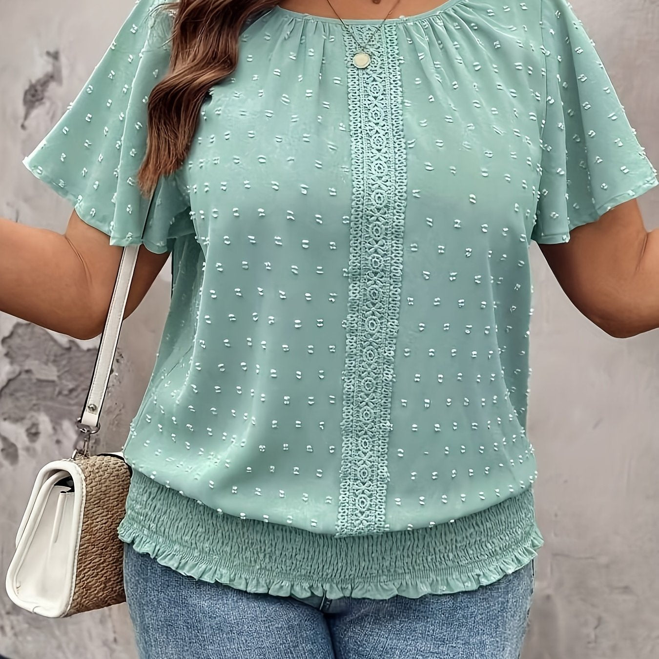 Plus Size Women's Cotton T-Shirt with Ruffled Hem and Eyelet Embroidery