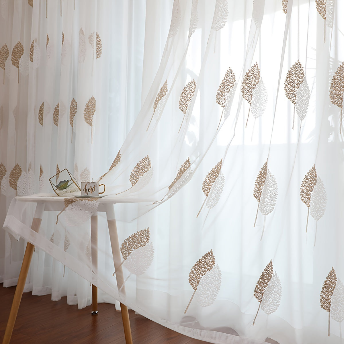 Sheer Leaf Embroidered Curtain with Rod Pocket for Living Room or Bedroom