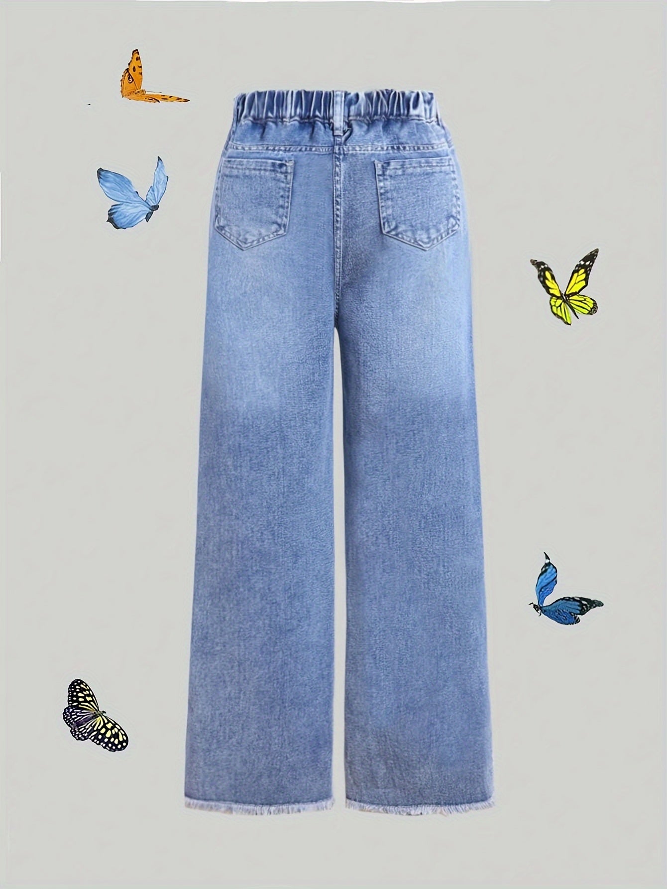 Girls Straight Leg Denim Jeans with Butterfly Embroidery Elastic Waist Casual Streetwear