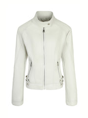 Women's Faux Leather Biker Jacket with Stand Collar and Zipper for Spring Fall Casual Wear