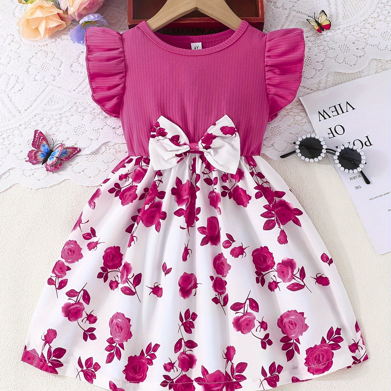 Girls Rose Print Dress with Ruffle Sleeves and Bow Waist for Casual and Outdoor Wear