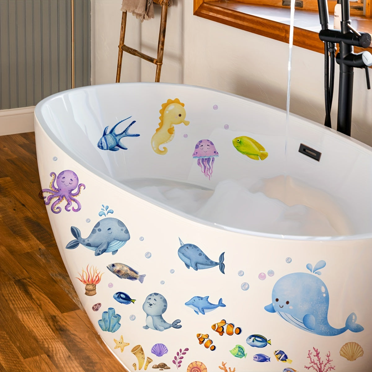 Ocean-Themed Wall Decals for Boys Room Bathroom Bathtub PVC Stickers Easy to Peel and Stick