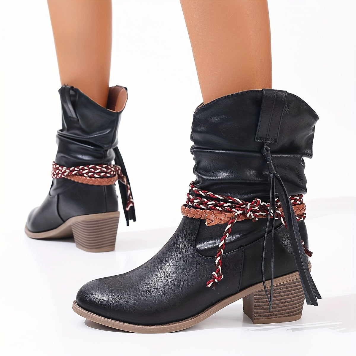 Women's Western Cowboy Boots with Tassel and Braided Buckle Block Heel