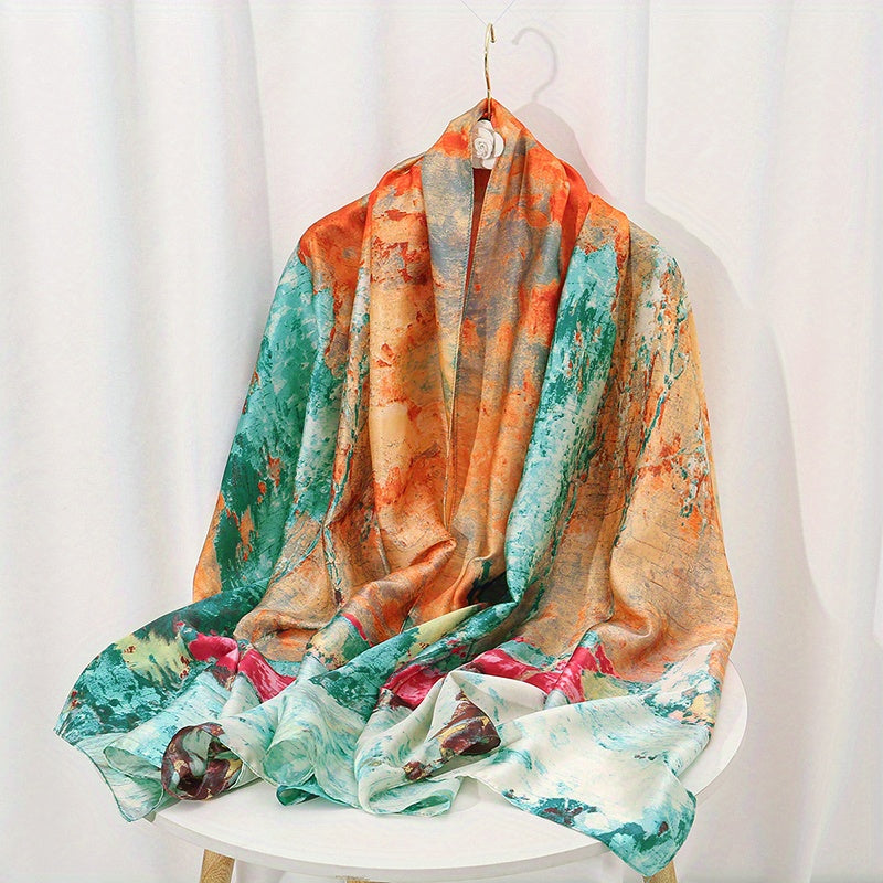 Women’s Satin Shawl with Retro Landscape Print Windproof Sun Protection Wrap