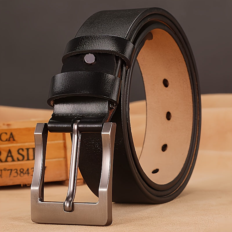 Genuine Leather Belt with Large Needle Buckle for Men Black Casual Cowhide