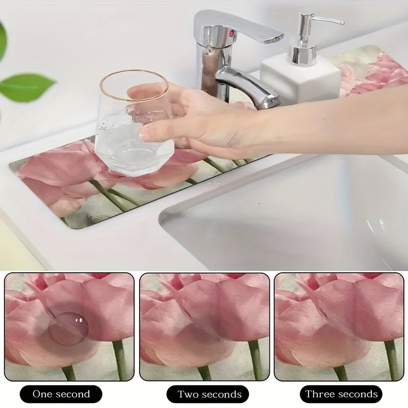 Floral Diatomaceous Earth Faucet Mat Non-Slip Absorbent for Kitchen Bathroom Counter