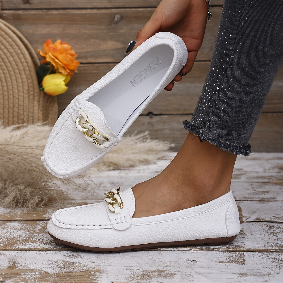 Zapatillas de ballet para mujer de material sintético con cadena dorada blanco beige negro