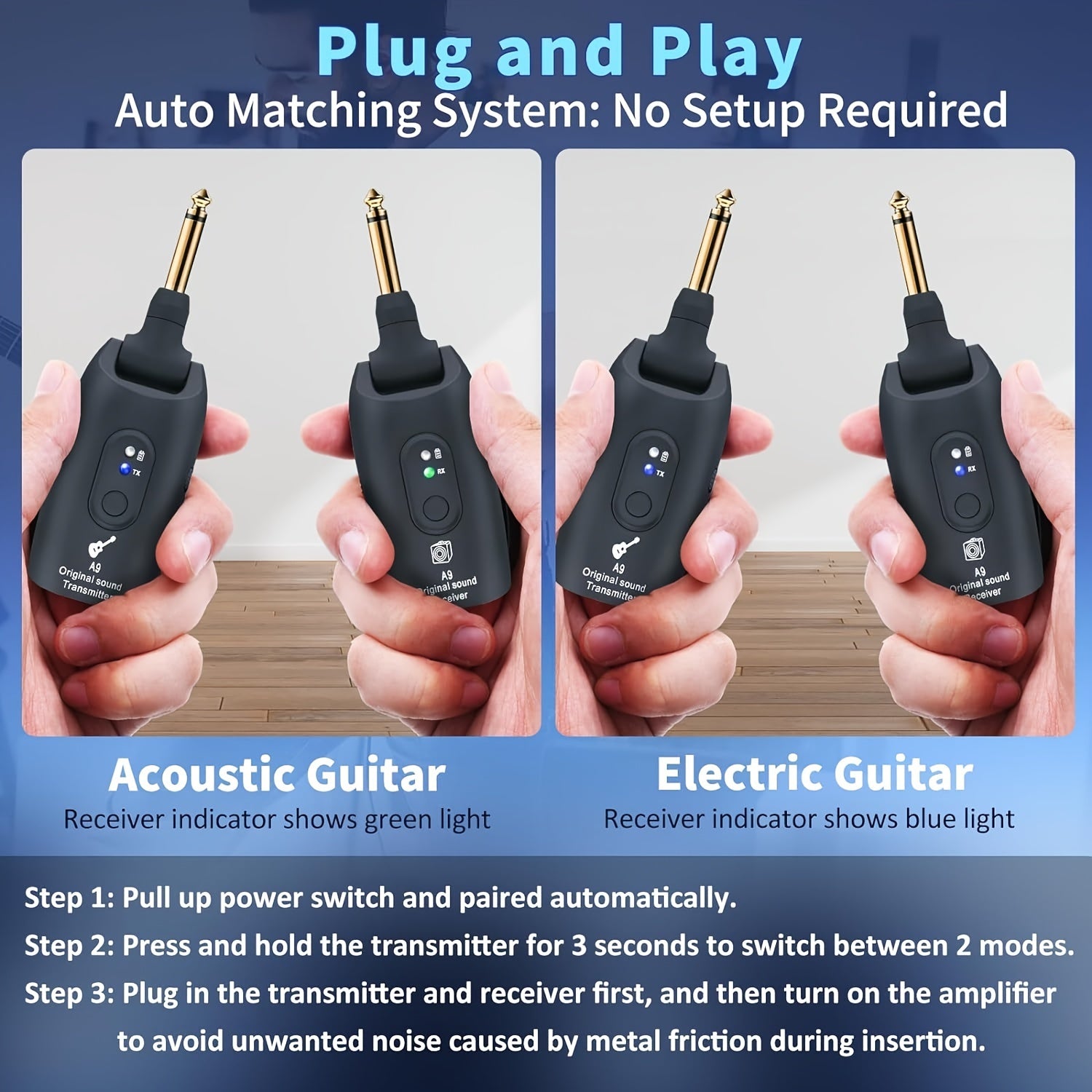 Sistema inalámbrico de guitarra de 2.4GHz con transmisor receptor recargable para instrumentos negro azul