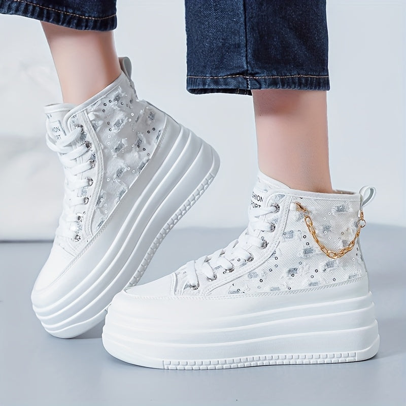 Women's High-Top Sneakers - Black White Blue with Gold Chain Casual Shoes