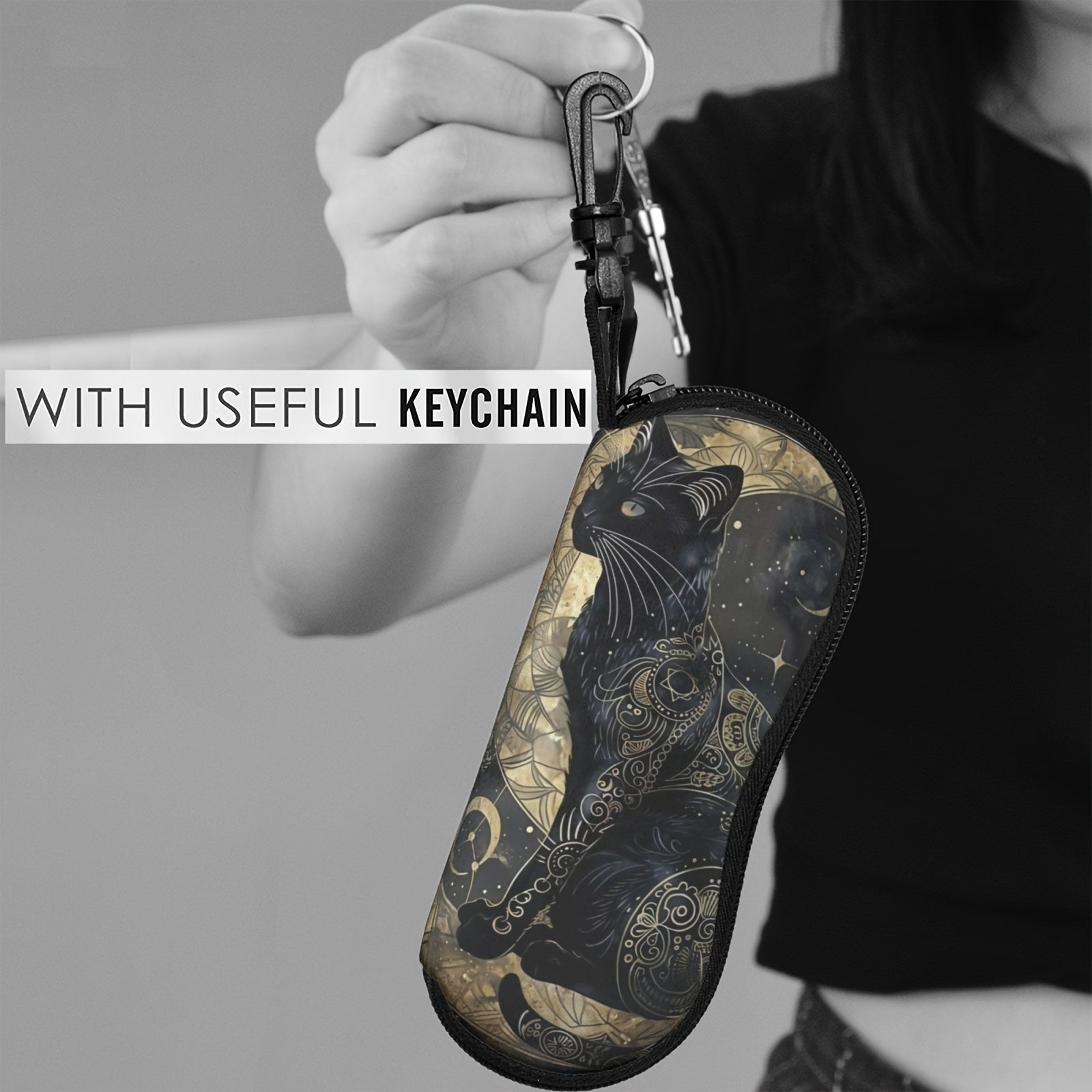 Black Cat and Moon Printed Glasses Case Neoprene Eyewear Sleeve with Zipper