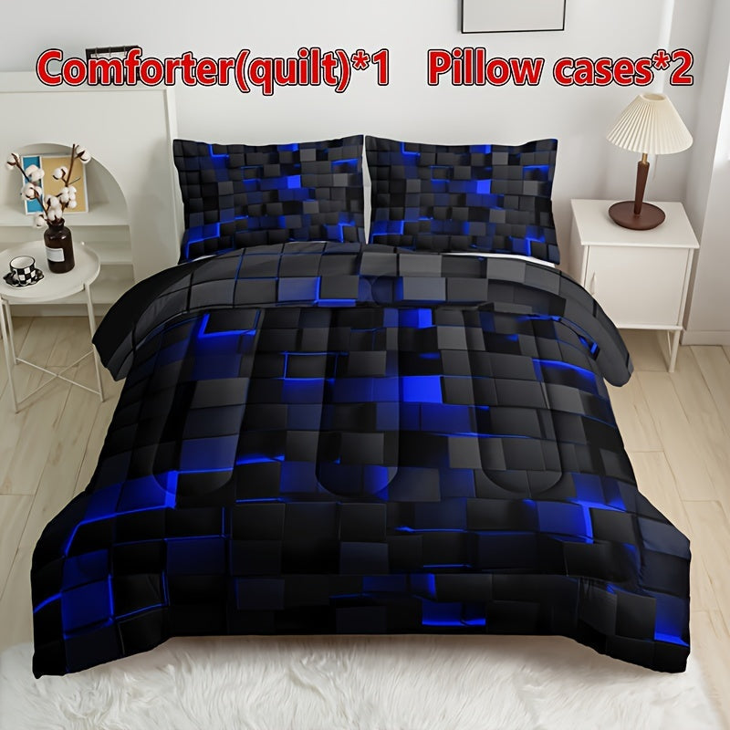 Set of 3 Black and Red Plaid Quilt Bedding with Pillowcases All-Season Soft