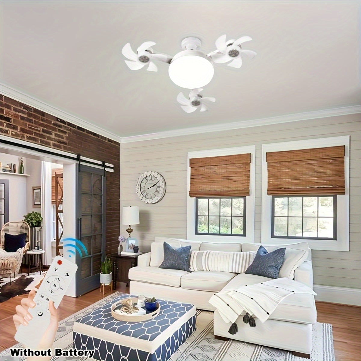 Compact ceiling fan with white 3-head design lamp remote control three speed settings simple installation