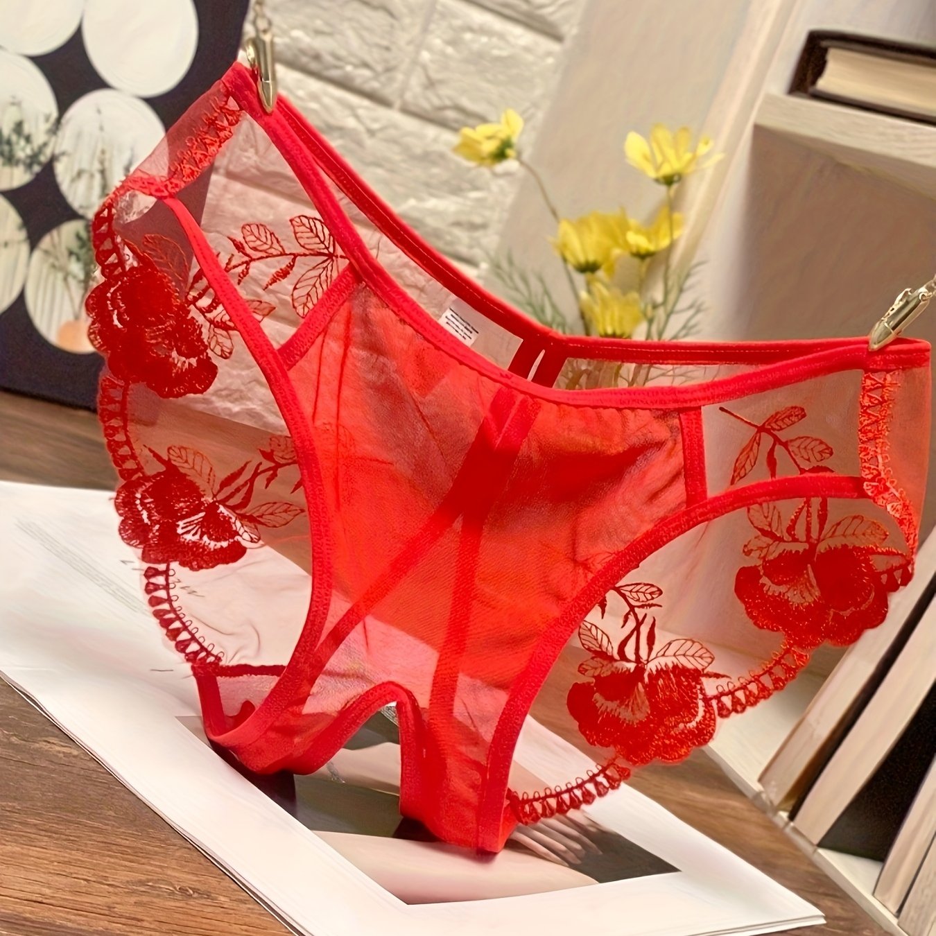 Women's Erotic Lingerie Lace Embroidery Mesh Triangle Underwear