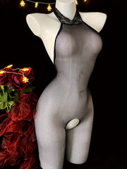 Houndstooth Mesh Bodysuit with Black Lace Halterneck Backless Sheer Fabric