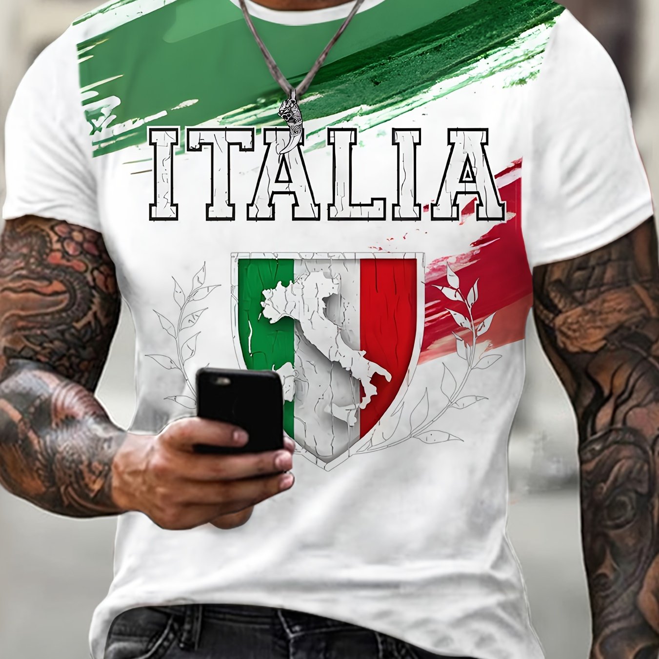 Men's Plus Size Casual T-Shirt Short Sleeve Italian Print Polyester Spandex