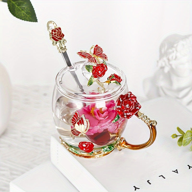 Enamel Crystal Tea Cup with Butterfly and Rose Design Heat Resistant for Coffee Water
