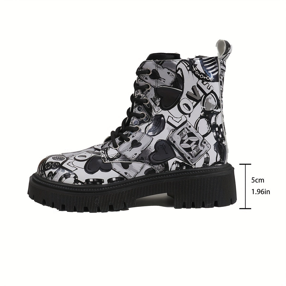 Women's Printed Lace-Up Boots Chunky Sole Low Heel Zipper Casual Shoes