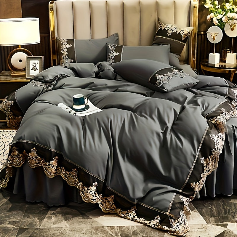 Lace Bedding Set with Quilt Cover and Pillowcases in Multiple Colors Solid Pattern All-Season Polyester