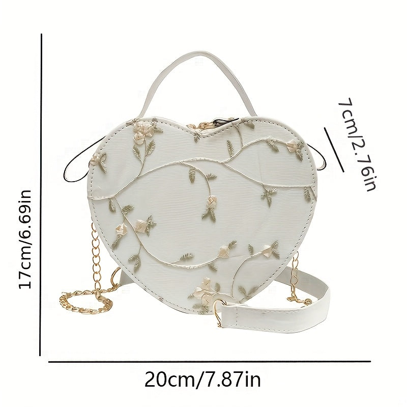 Women's Floral Heart Crossbody Bag with Zipper Closure Pink Green Embroidered PU