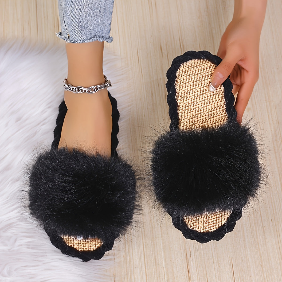Women's Plush Fleece Open-Toe Slippers with Non-Slip Sole for Home