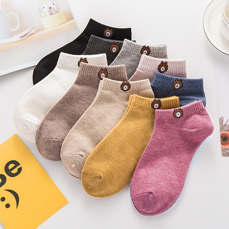 Women's Cartoon Bear Ankle Socks 10 Pairs Polyester Elastane Breathable Mesh