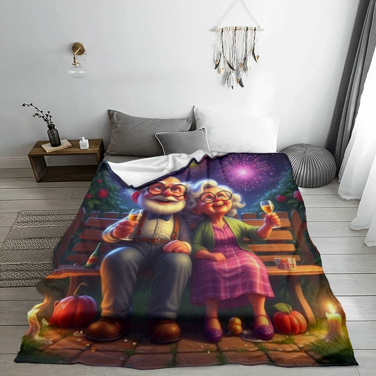 Contemporary Grandparents Print Flannel Blanket Soft Throw for Living Room Sofa Bedroom