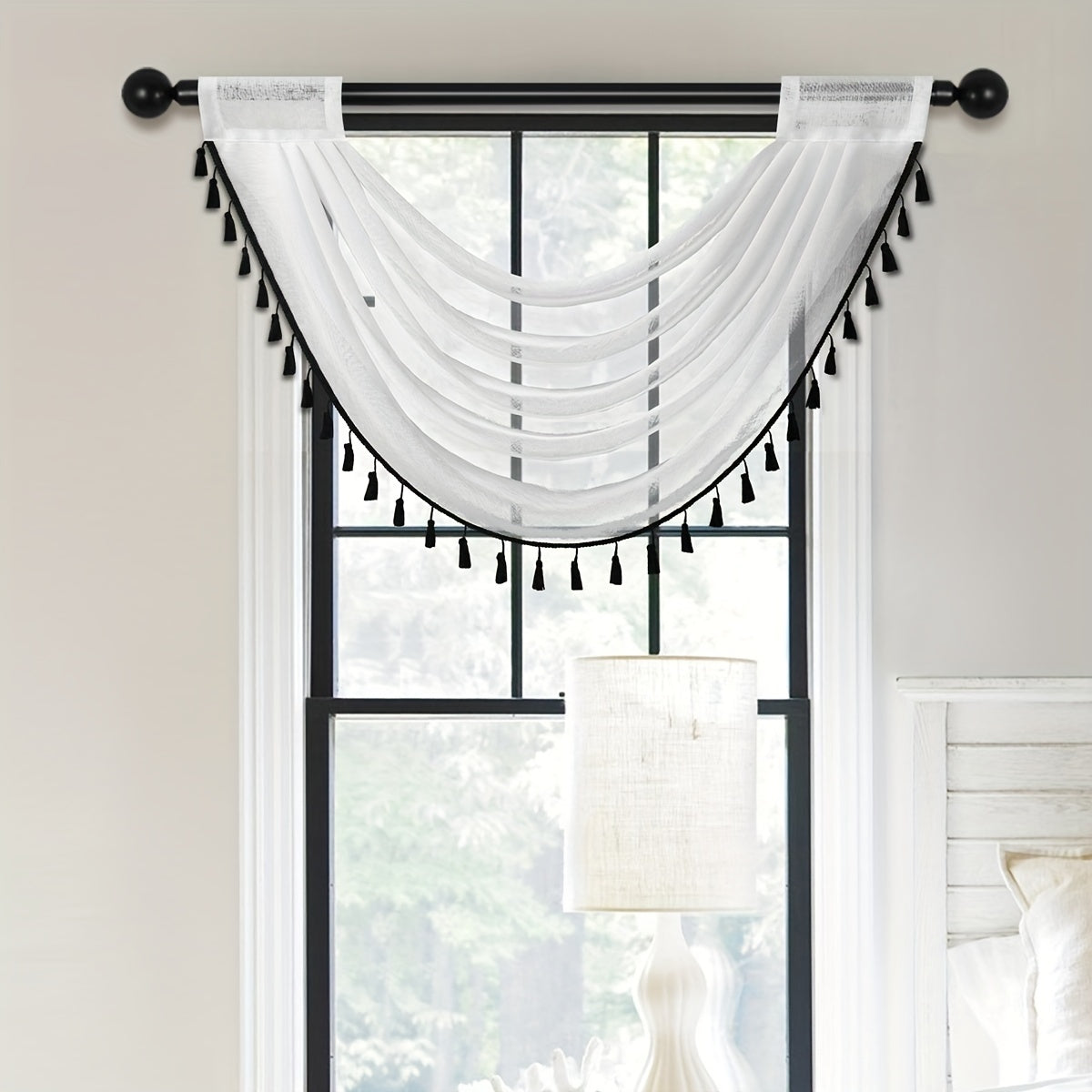 Sheer Wave Curtain Valance with Tassels Edge 30x24 Inches Light-Transmitting Rod Pocket Decor
