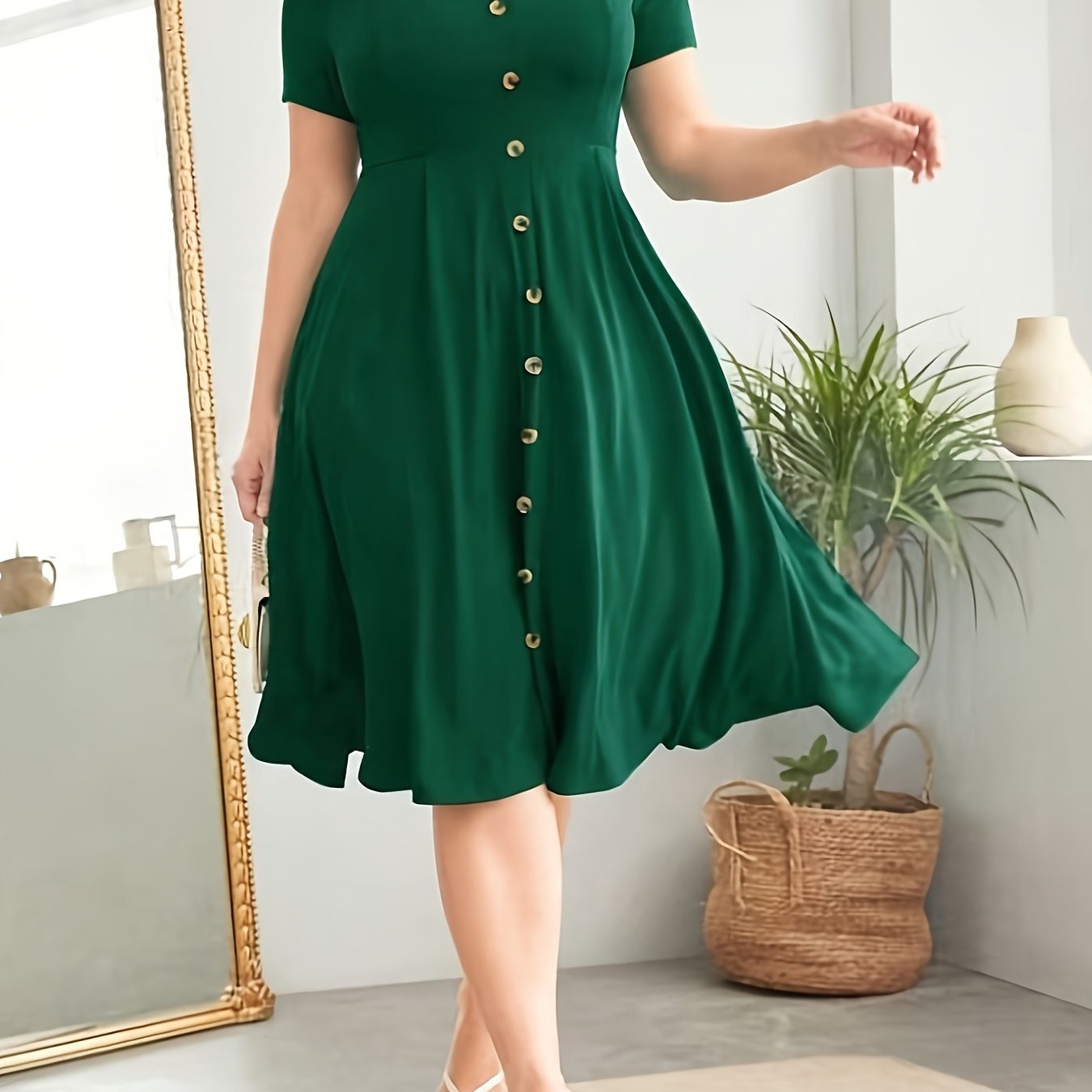 Women's Polyester V-Neck Raglan Sleeve Dress with Fake Buttons and Flared Hem for Spring Summer Casual