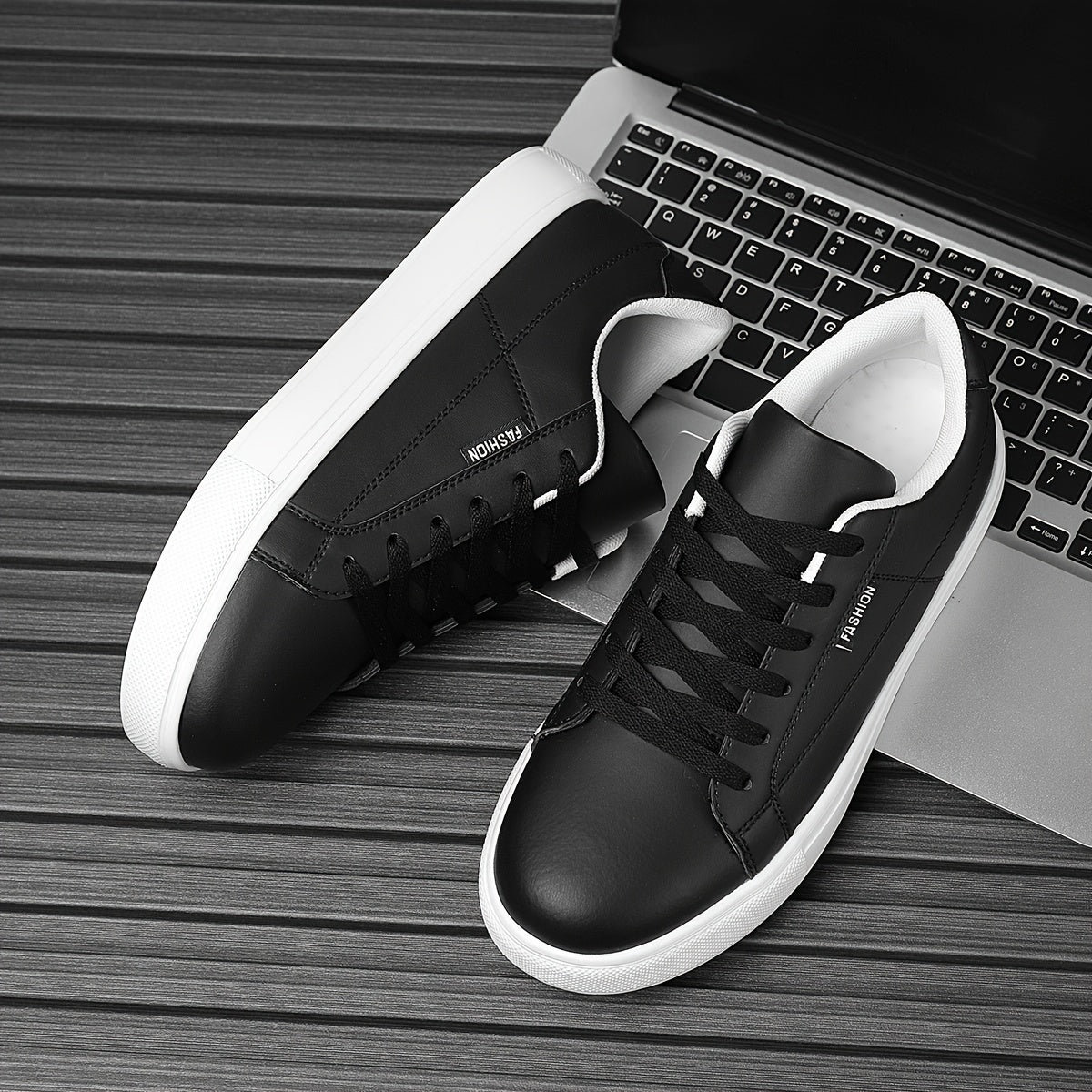 Men's Black Casual Sneakers Low Top Lace-Up Round Toe Faux PU EVA Sole