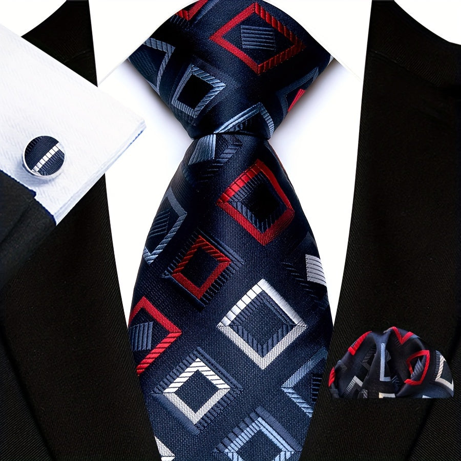 Men's Plaid Pattern Tie Pocket Scarf Cuff Set for Suits Gift