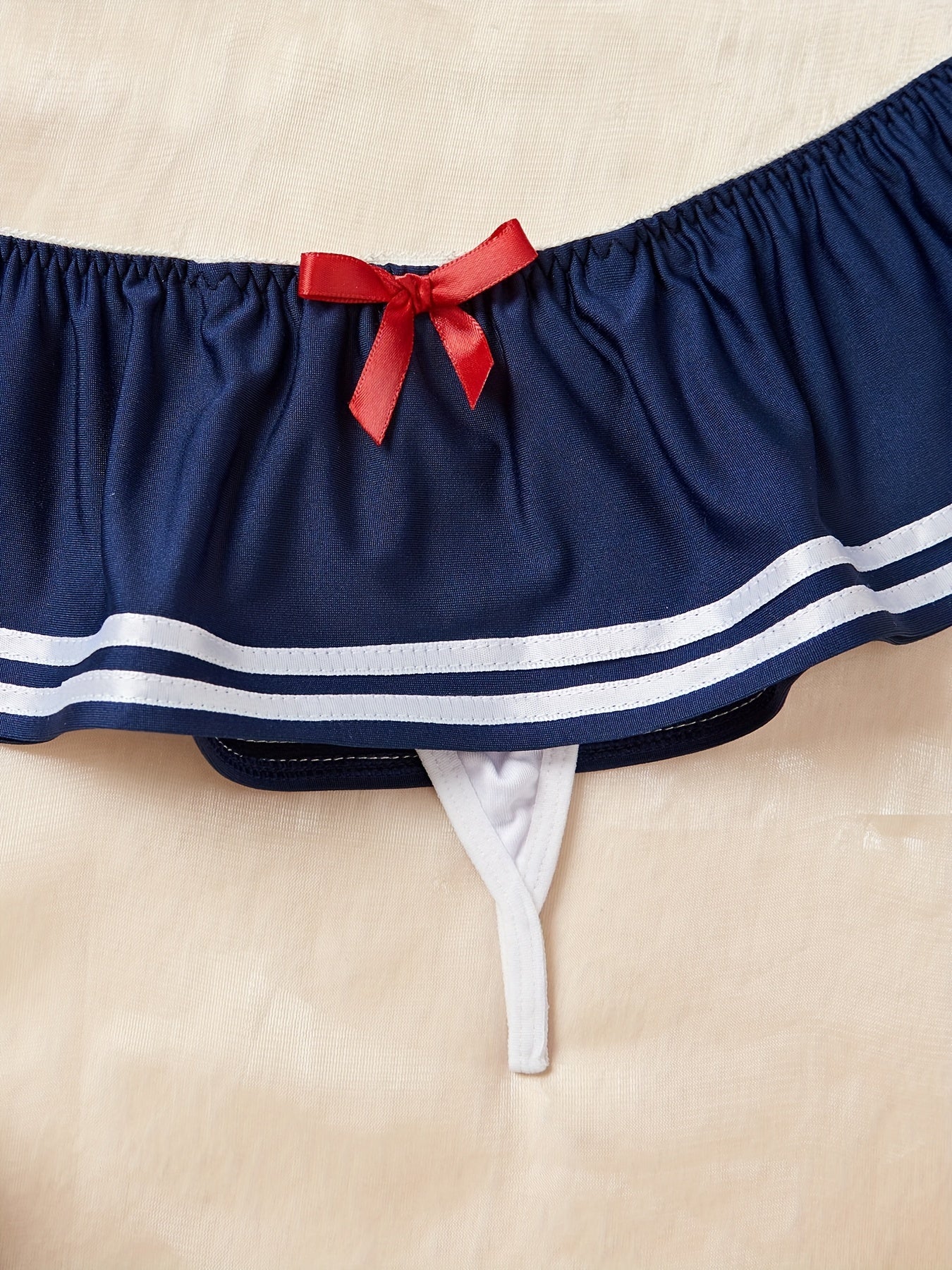 Women's Nautical Ruffle Lingerie Set with Bow Accents