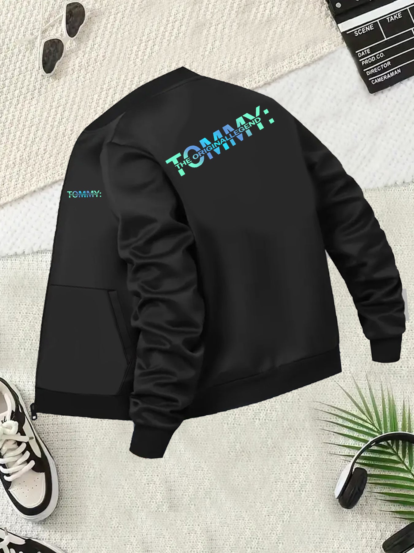 Women's Black Zip-Up Jacket with Turquoise Lettering All-Season Outerwear