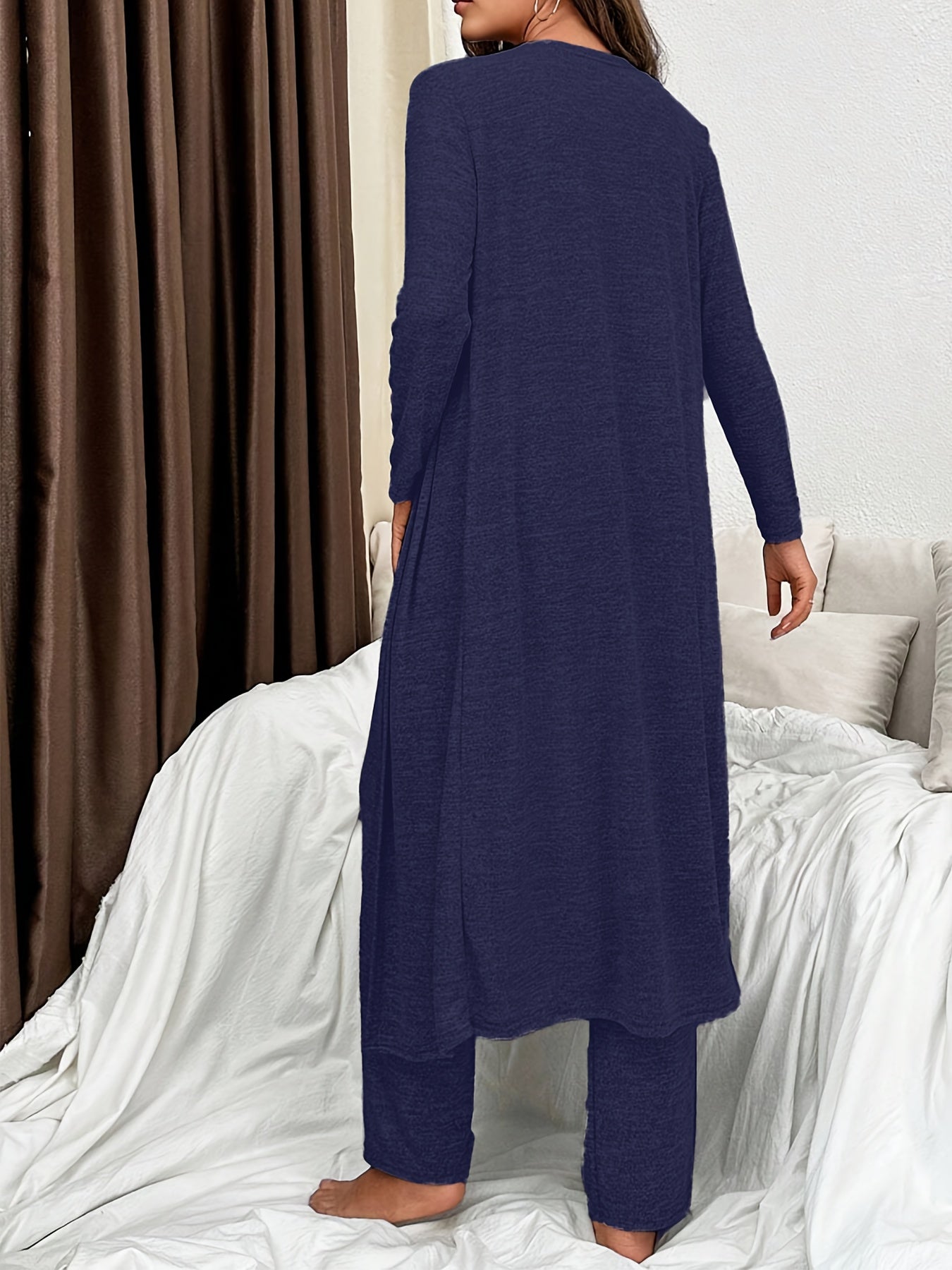 Heather Gray 3-Piece Loungewear Set V-Neck Cardigan Knit T-Shirt Joggers with Bow Fall Winter