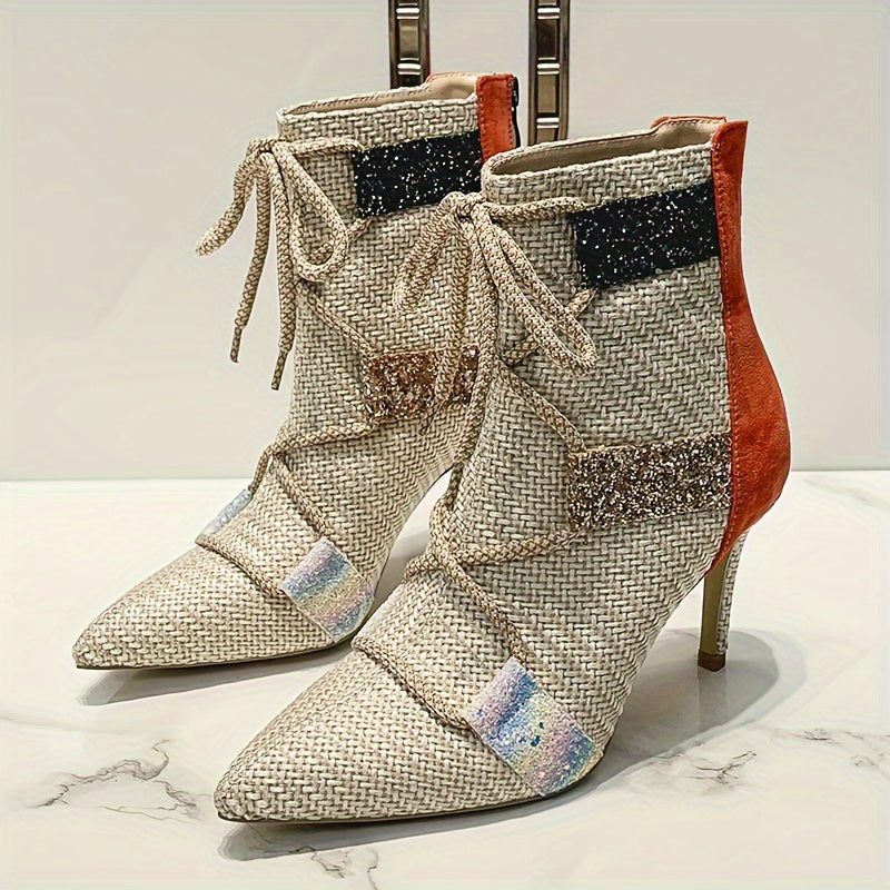 Женские ботинки на щиколотке с блестящими акцентами, полосатая ткань, каблуки-стилетто