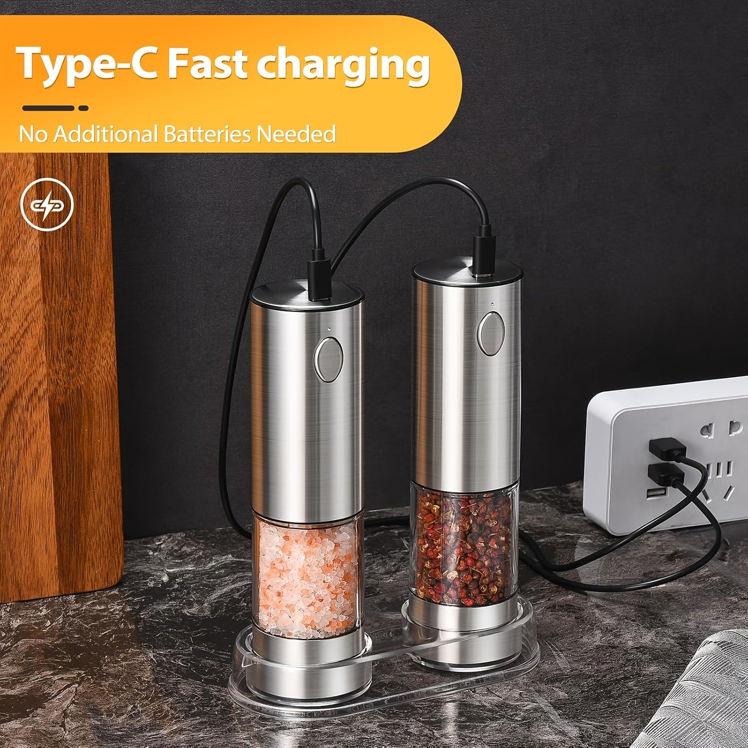 Set of 2 stainless steel electric grinders with LED light USB-C rechargeable battery kitchen grinding tool