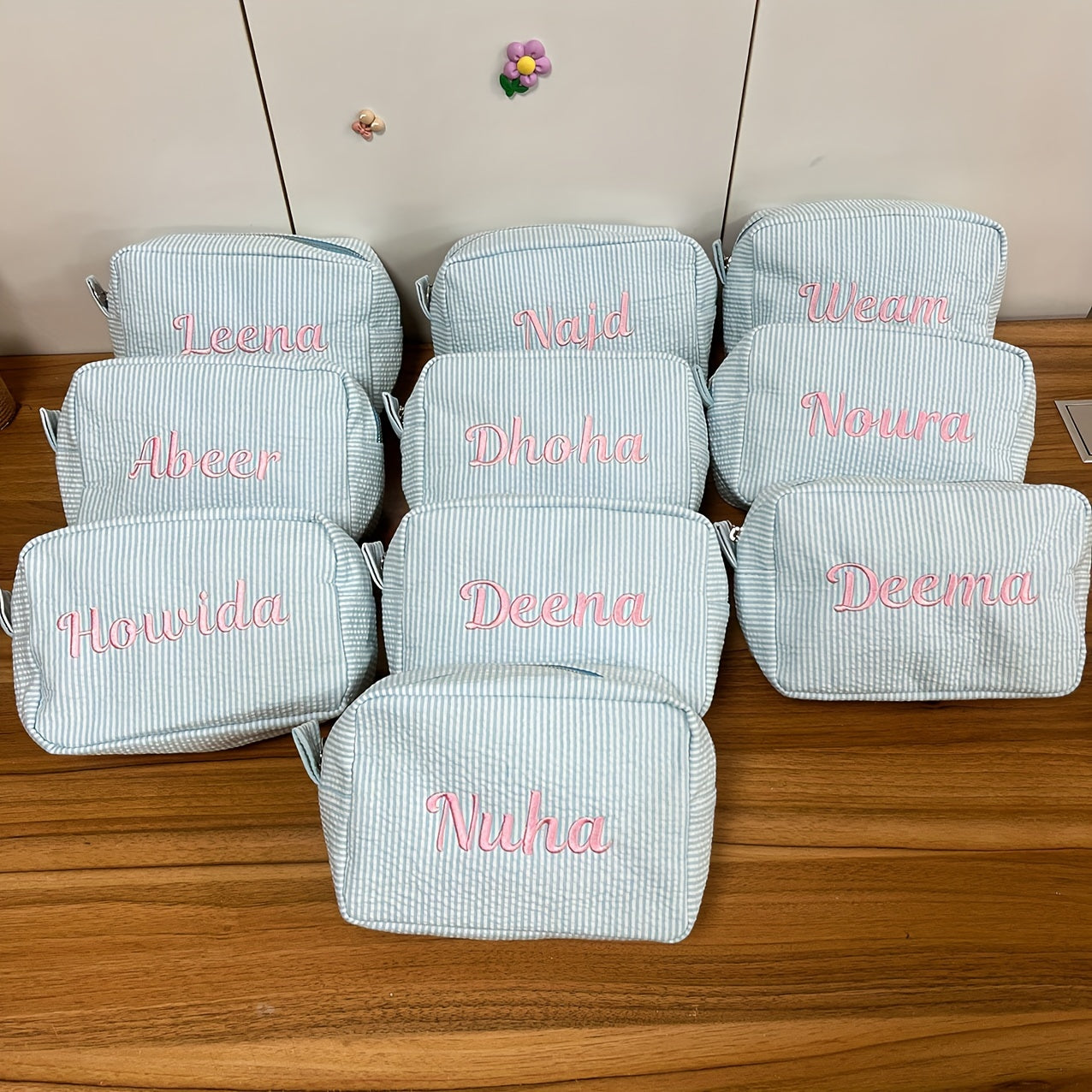 Embroidered Striped Canvas Makeup Bag for Girls and Teenagers Blue Zipper Travel Organizer