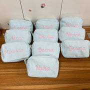 Neceser de maquillaje de lona a rayas bordada para niñas y adolescentes, azul, con cremallera, organizador de viaje