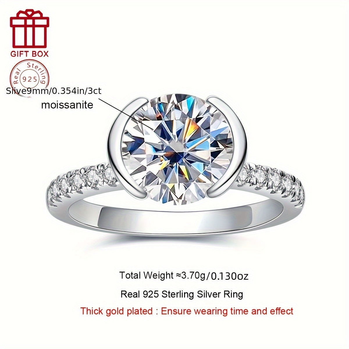 Sterling Silver Moissanite Ring 9mm Half-Wrap 3CT Wedding Anniversary Gift