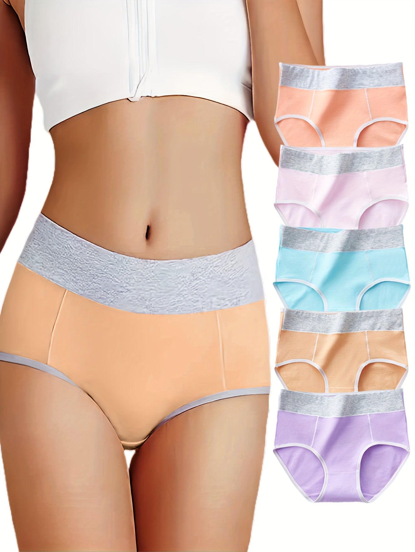Women's Hipster Panties Set 5 Pack Pastel Color Block Breathable Cotton Spandex